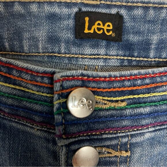 Lee Rainbow Striped Y2K Kick Flare Button Fly Blue Ankle Jeans Size 12 - Picture 7 of 9